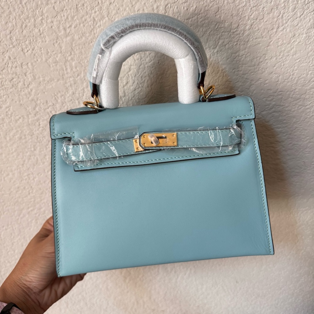 LEATHER INSIDE & OUT | Aqua Sky Mini 22 Sellier Belted KL Top Handle w/ Gold S17 - Picture 13 of 14